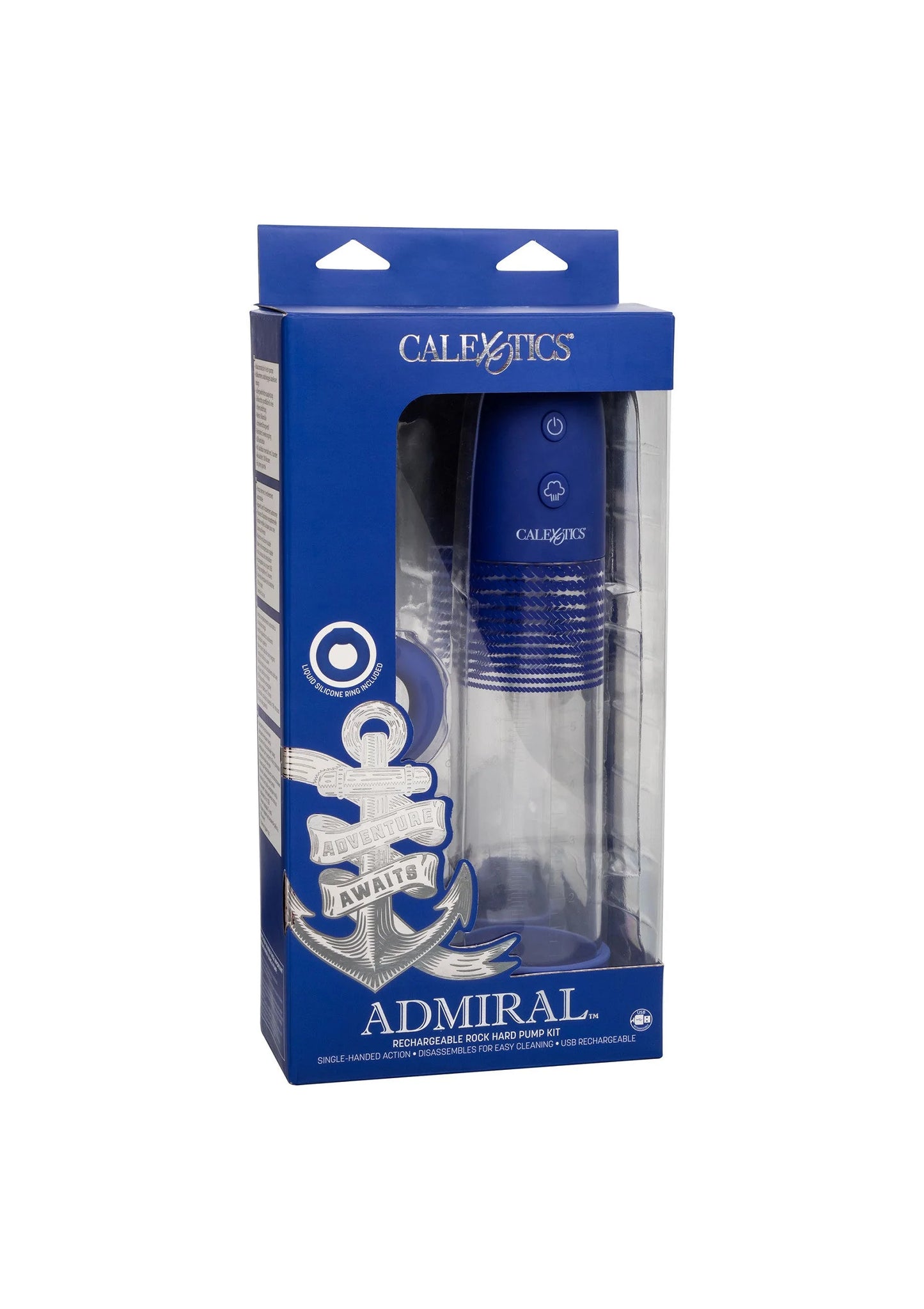 Verpakking van CalExotics Admiral set met oplaadbare pomp en siliconen ring