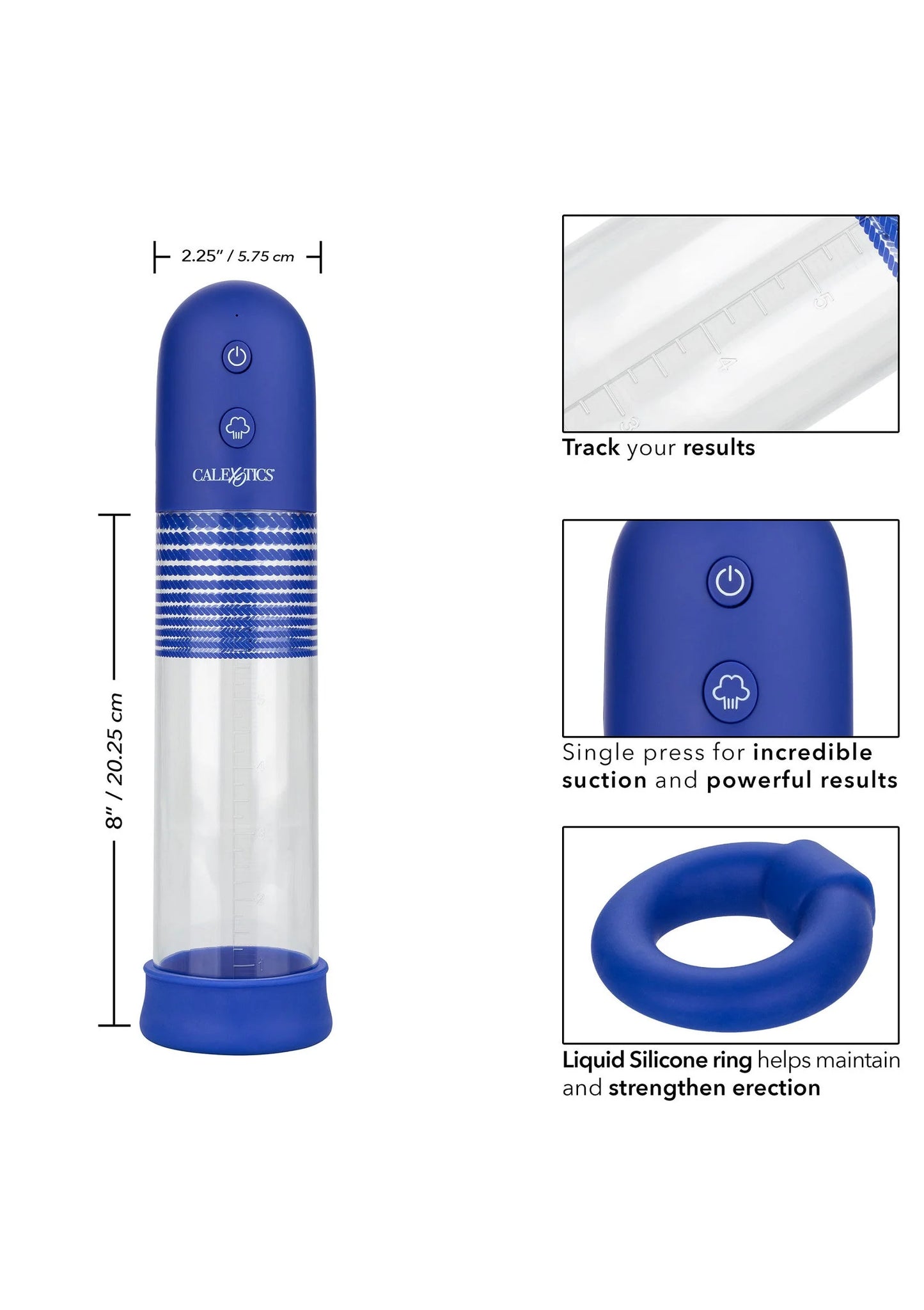 Oplaadbare pomp met blauwe behuizing, doorzichtige cilinder en blauw voetstuk
