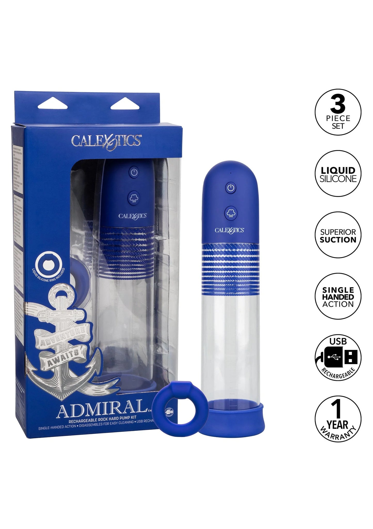 Set met CalExotics Admiral oplaadbare pomp, siliconen ring en verpakking