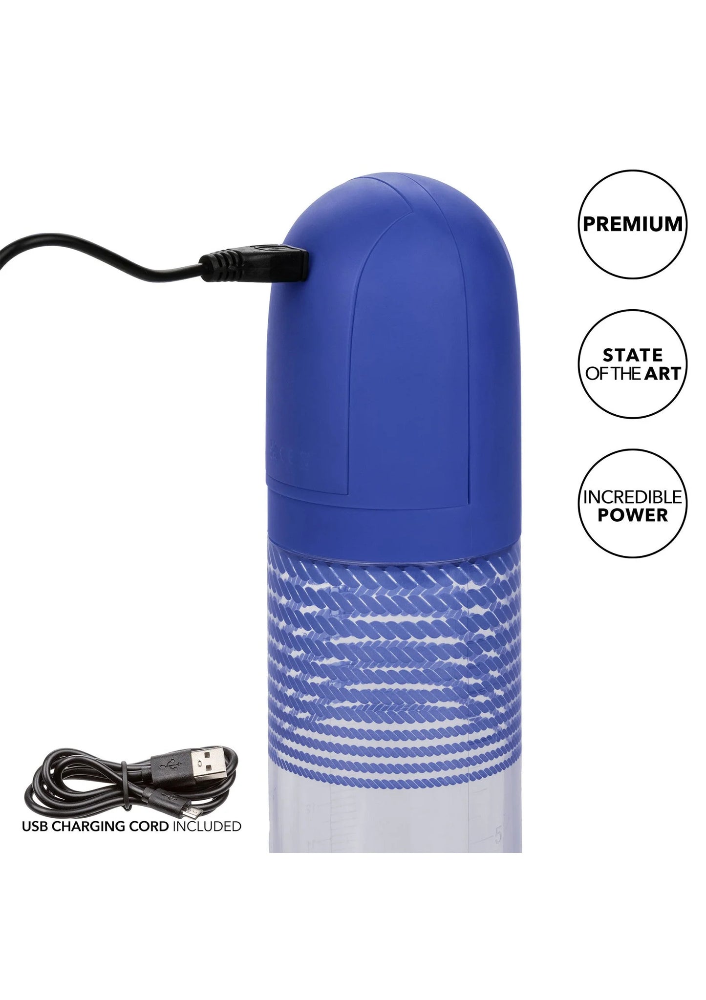 Blauwe oplaadbare pomp met aangesloten USB-oplaadkabel