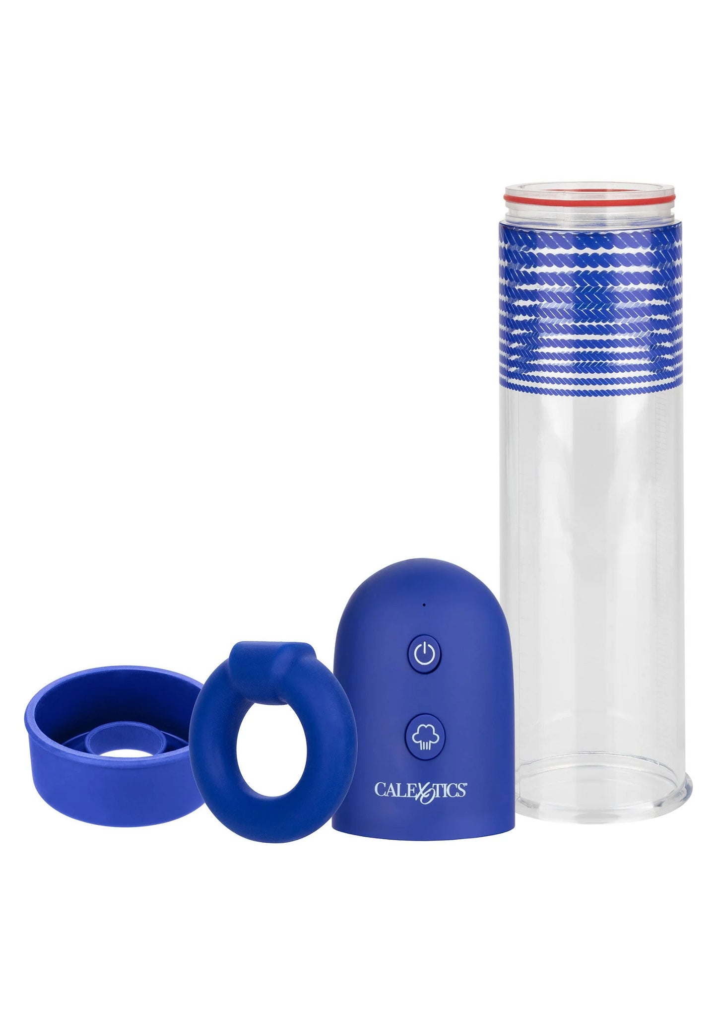 Oplaadbare pompkit met transparante cilinder, blauwe bedieningskop en afneembare ring