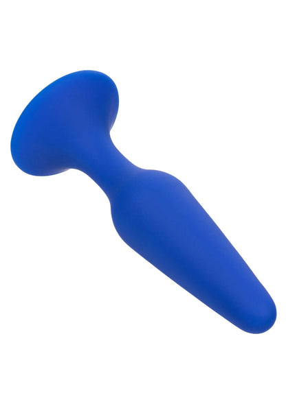 Blauwe siliconen anale trainer met brede ronde basis en taps toelopend lichaam