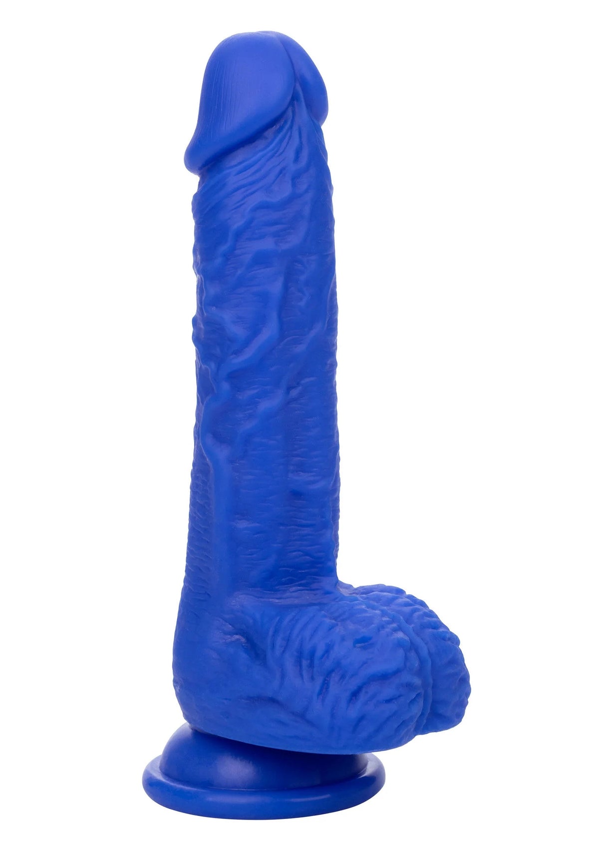 Blauwe flexibele vibrator-dildo met opstaande kop en brede voet