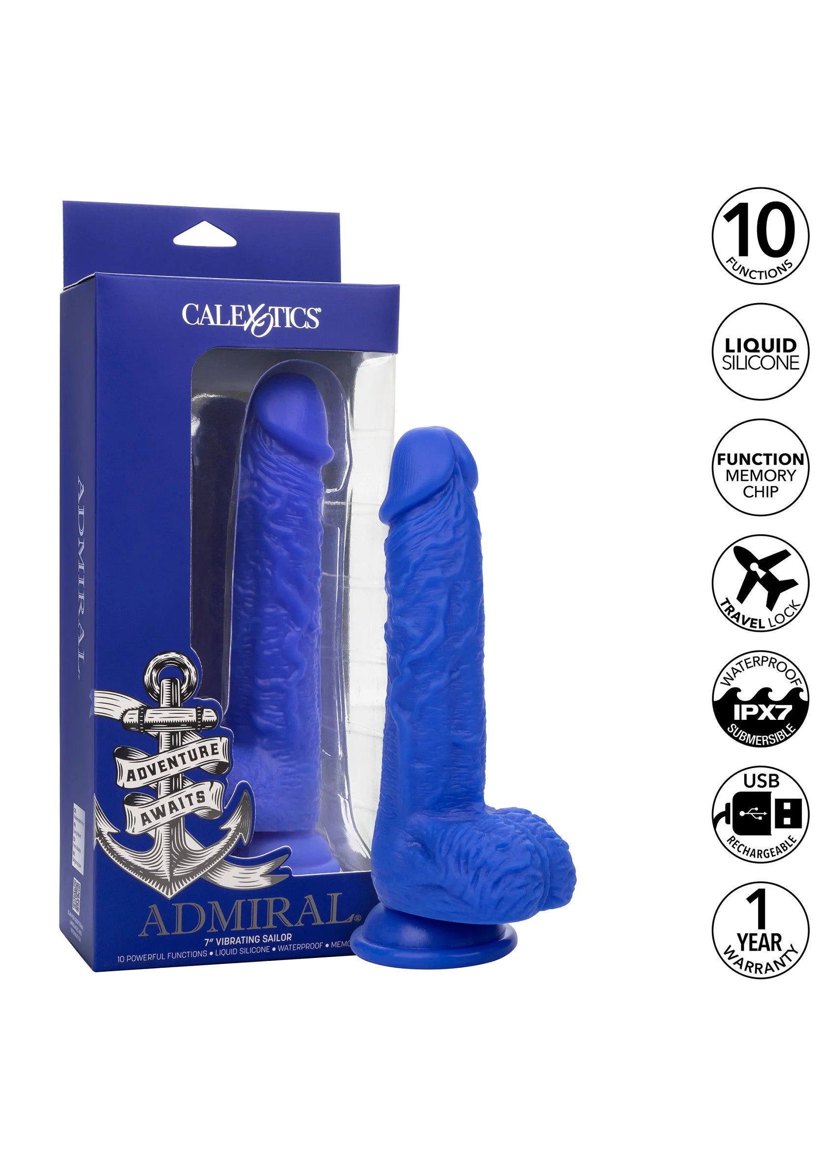 CalExotics Admiral vibrator-dildo set in blauwe doos, met twee productbeelden