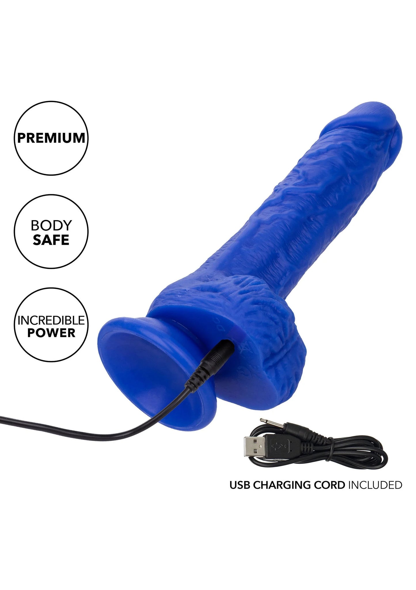Blauwe vibrator-dildo met USB-oplaadkabel; zwarte functiesnoer zichtbaar
