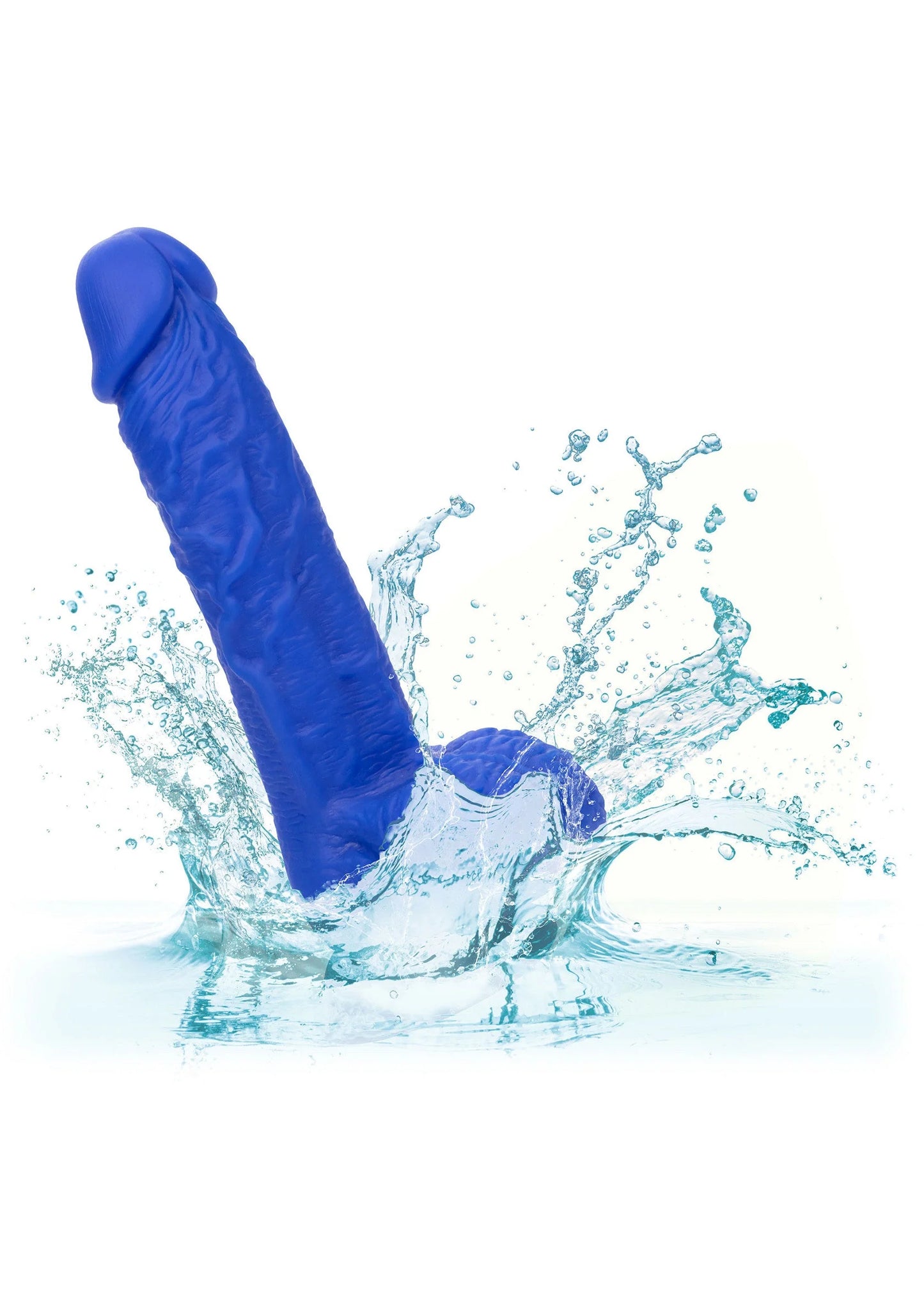 Blauwe vibrator-dildo met waterdruppels rond de basis