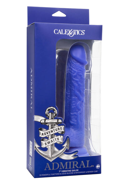 CalExotics Admiral vibrator-dildo in blauwe verpakking met anker- en logo-opdruk