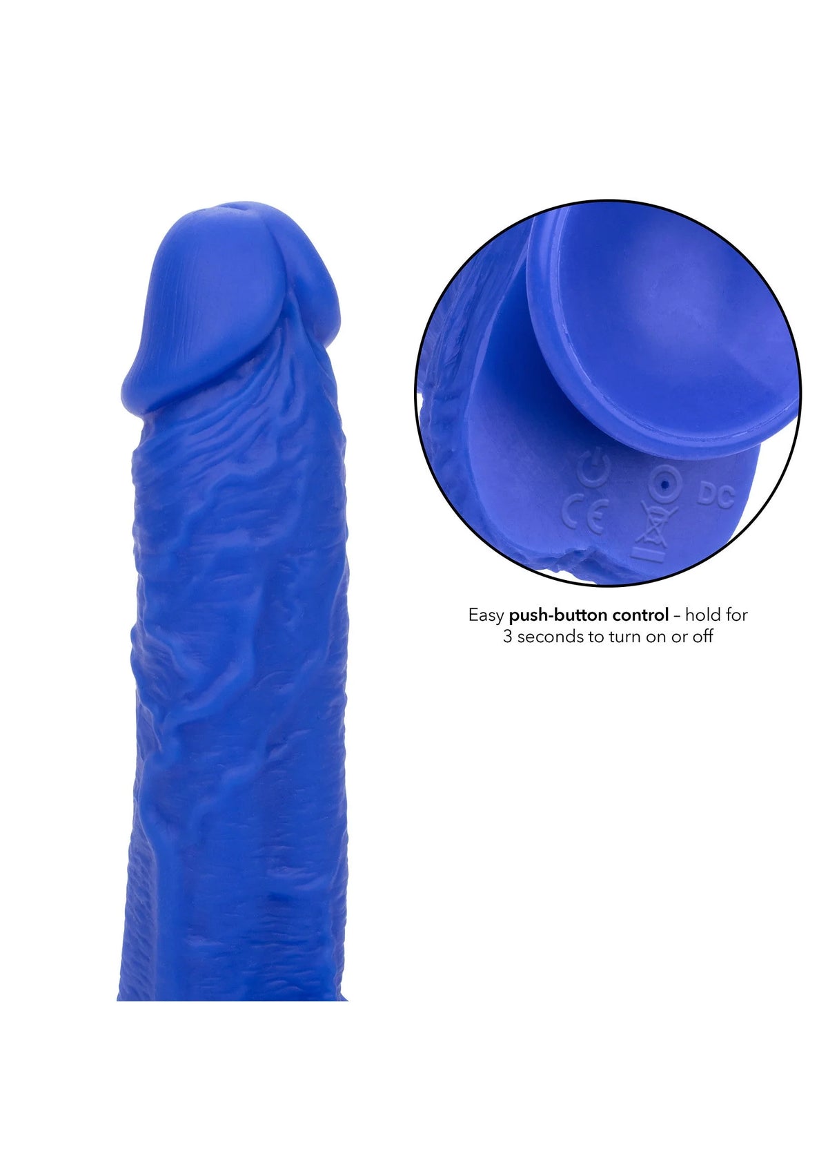 Blauwe vibrator-dildo met close-up van bedieningspunt en duimvriendelijke knoppen
