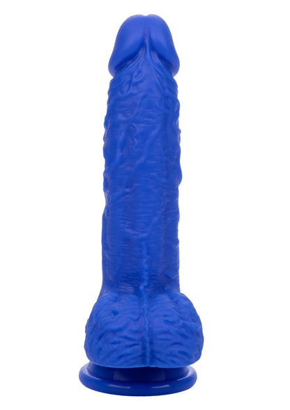 Blauwe vibrator-dildo rechtop met brede voet en gevormde kop