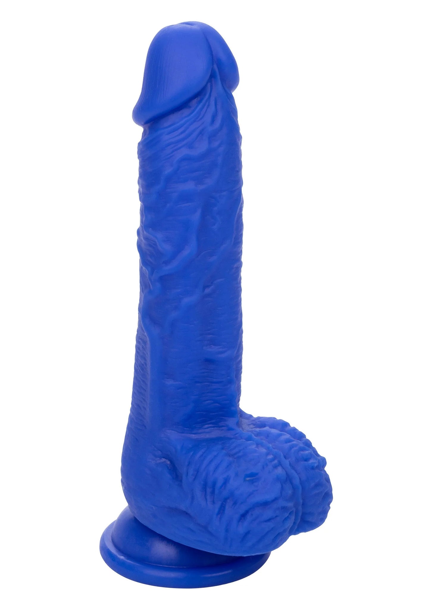 Blauwe genopte dildo met gebogen vorm en ronde voet