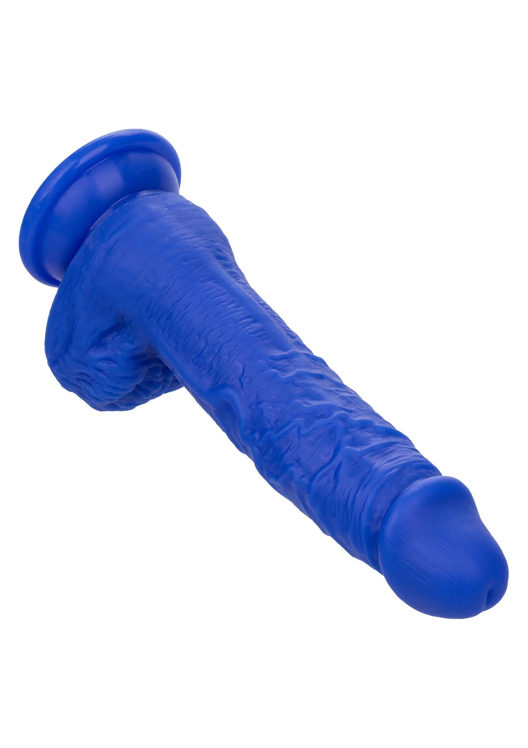 Blauwe dildo met dikke afgeronde kop en taps toelopende schacht
