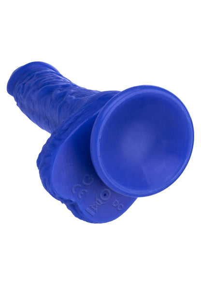 Blauwe vibrator-dildo met ronde open uiteinde en gedetailleerd reliëf