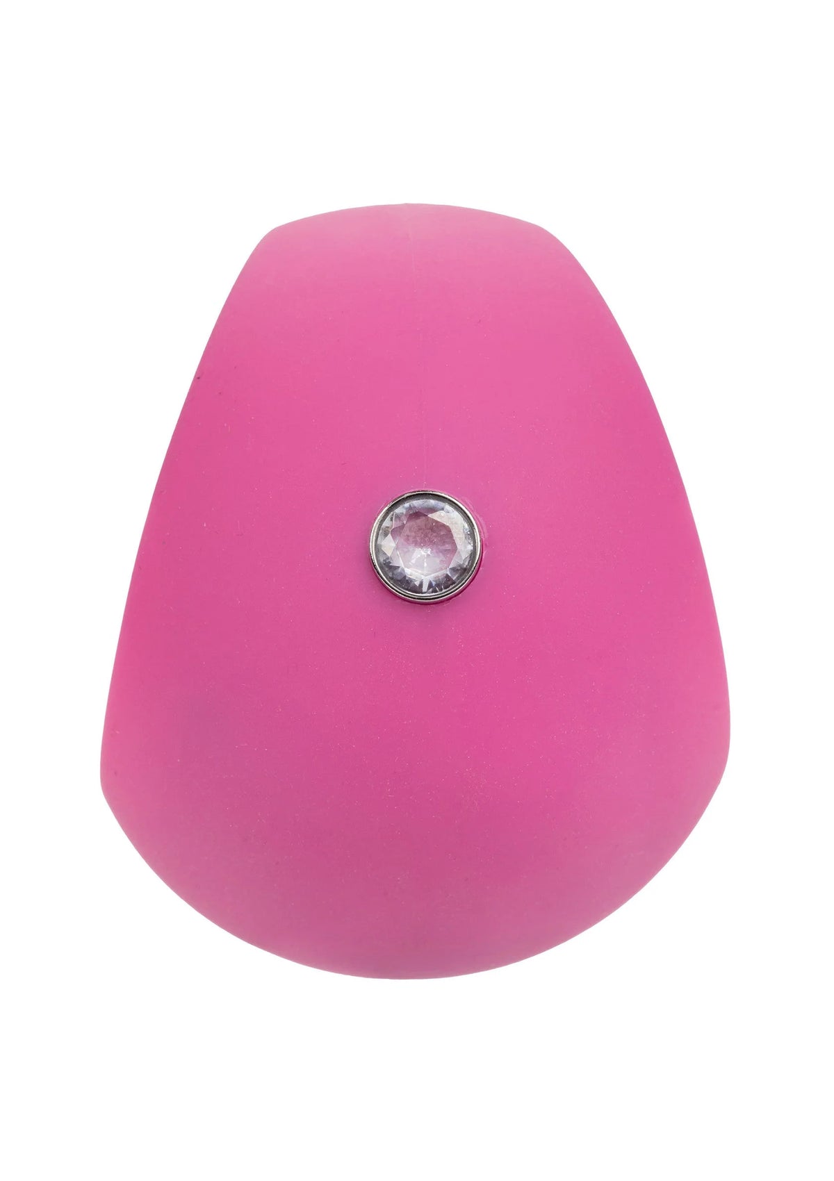 Roze vinger-vibrator in druppelvorm met ronde metalen inzet op de voorkant