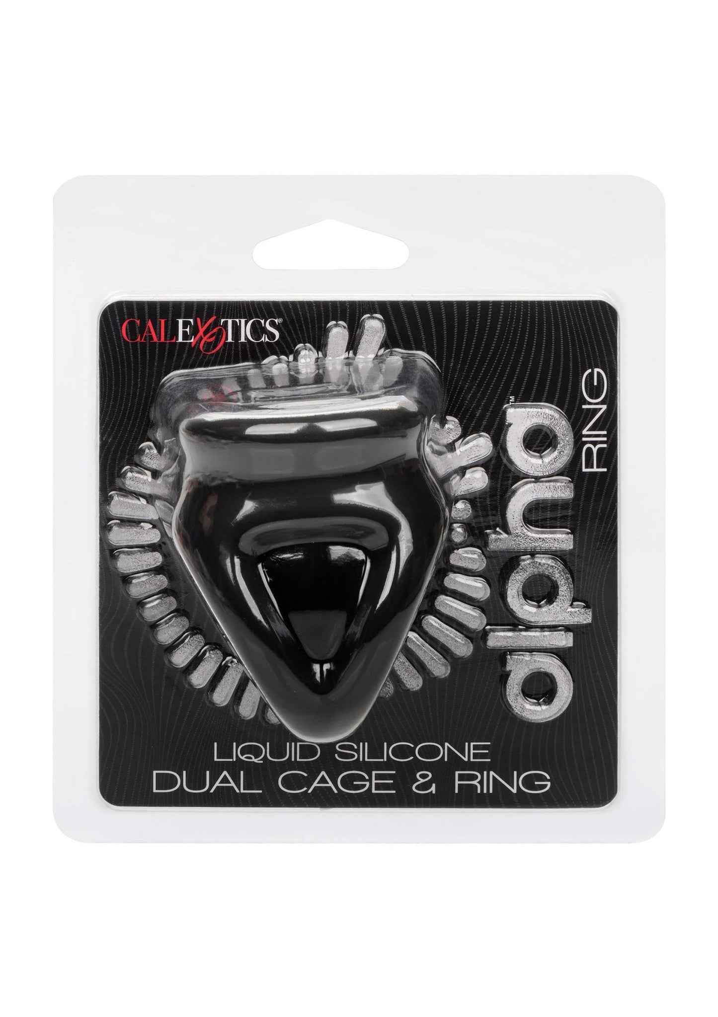Verpakte zwarte dual cage ring van vloeibare siliconen, voorkant met productnaam
