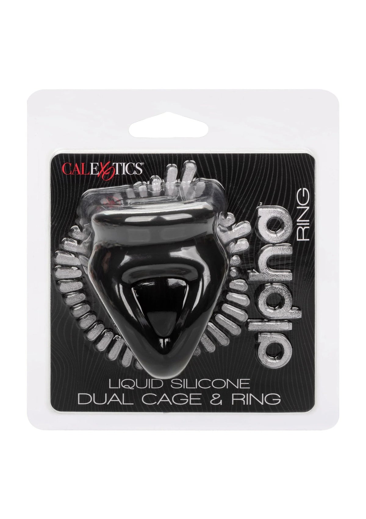 Verpakte zwarte dual cage ring van vloeibare siliconen, voorkant met productnaam