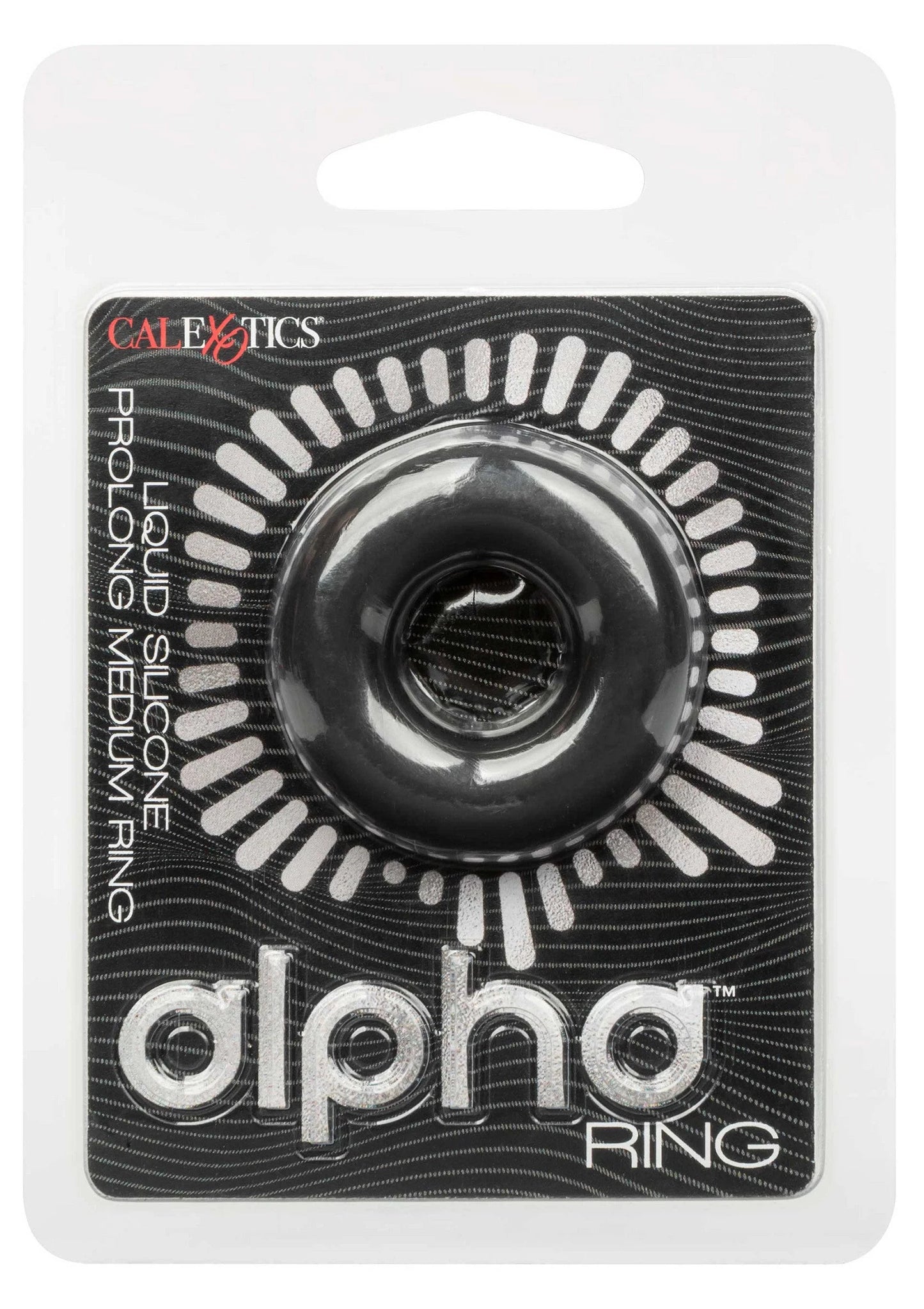 CalExotics alpha prolong medium ring, zwarte siliconen ring met verpakking
