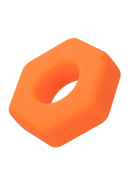 Oranje zeshoekige siliconen ring met ovale uitsparing in close-up