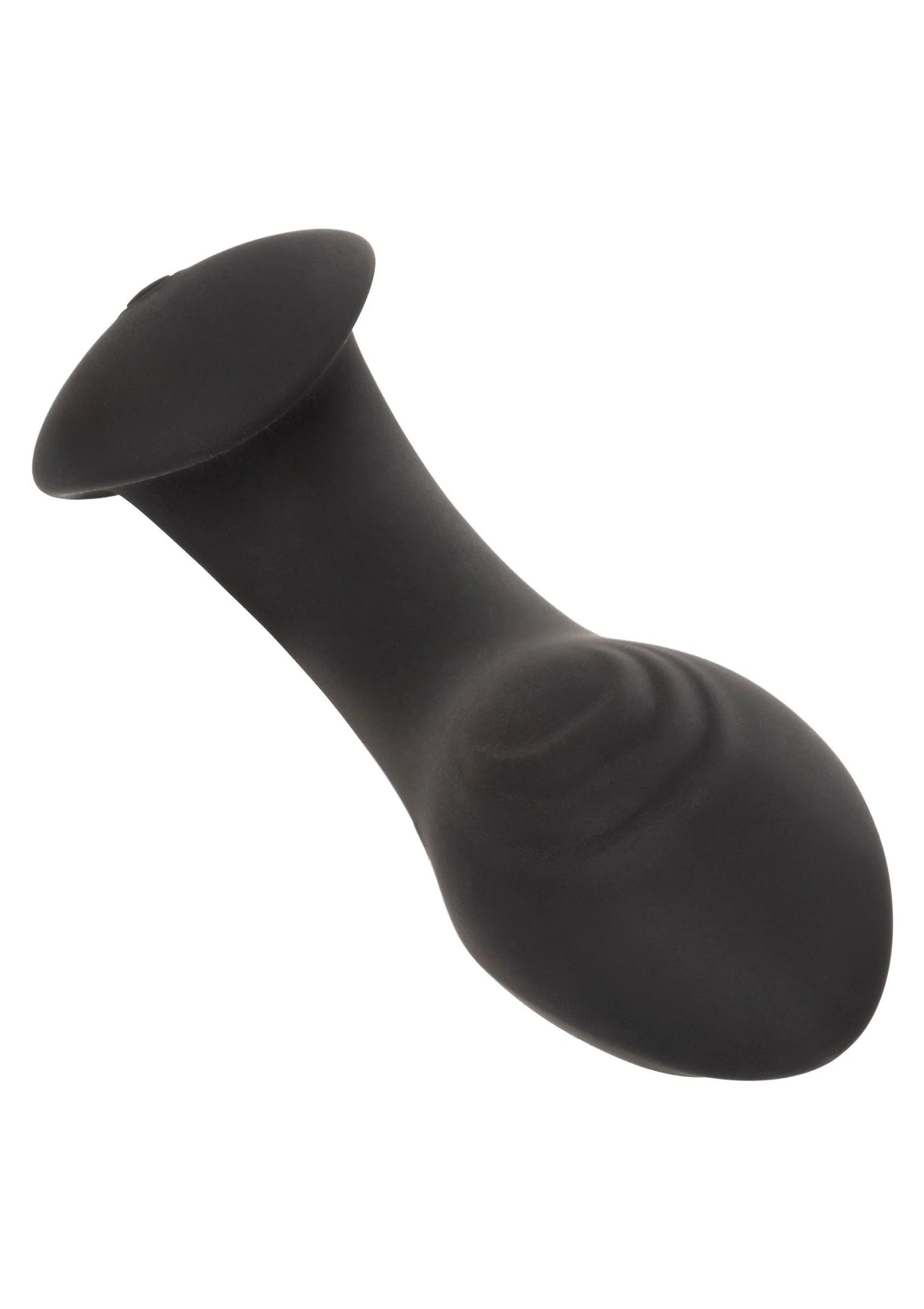 Zwarte probe vibrator met brede platte kop, close-up van uiteinde.