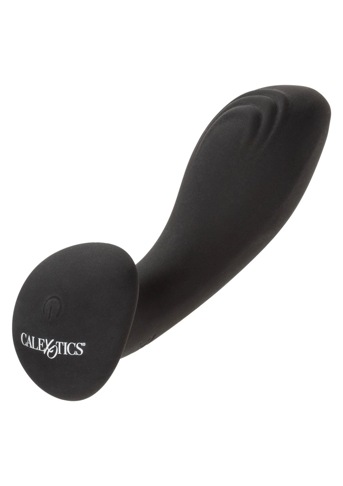 Zwarte silikonen probe vibrator met platte basis en brede ronde kop.