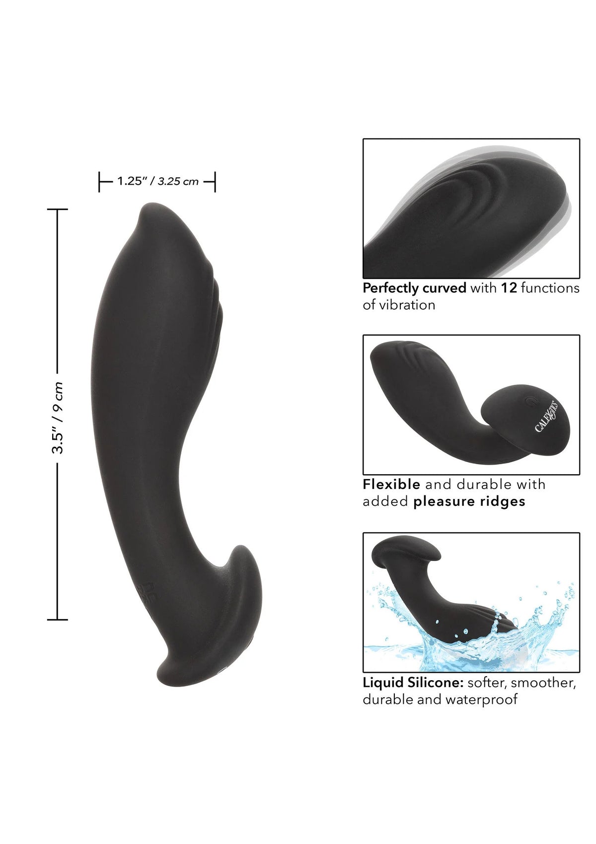Zwarte siliconen flex probe-vibrator met schematische afmetingen en zijaanzicht