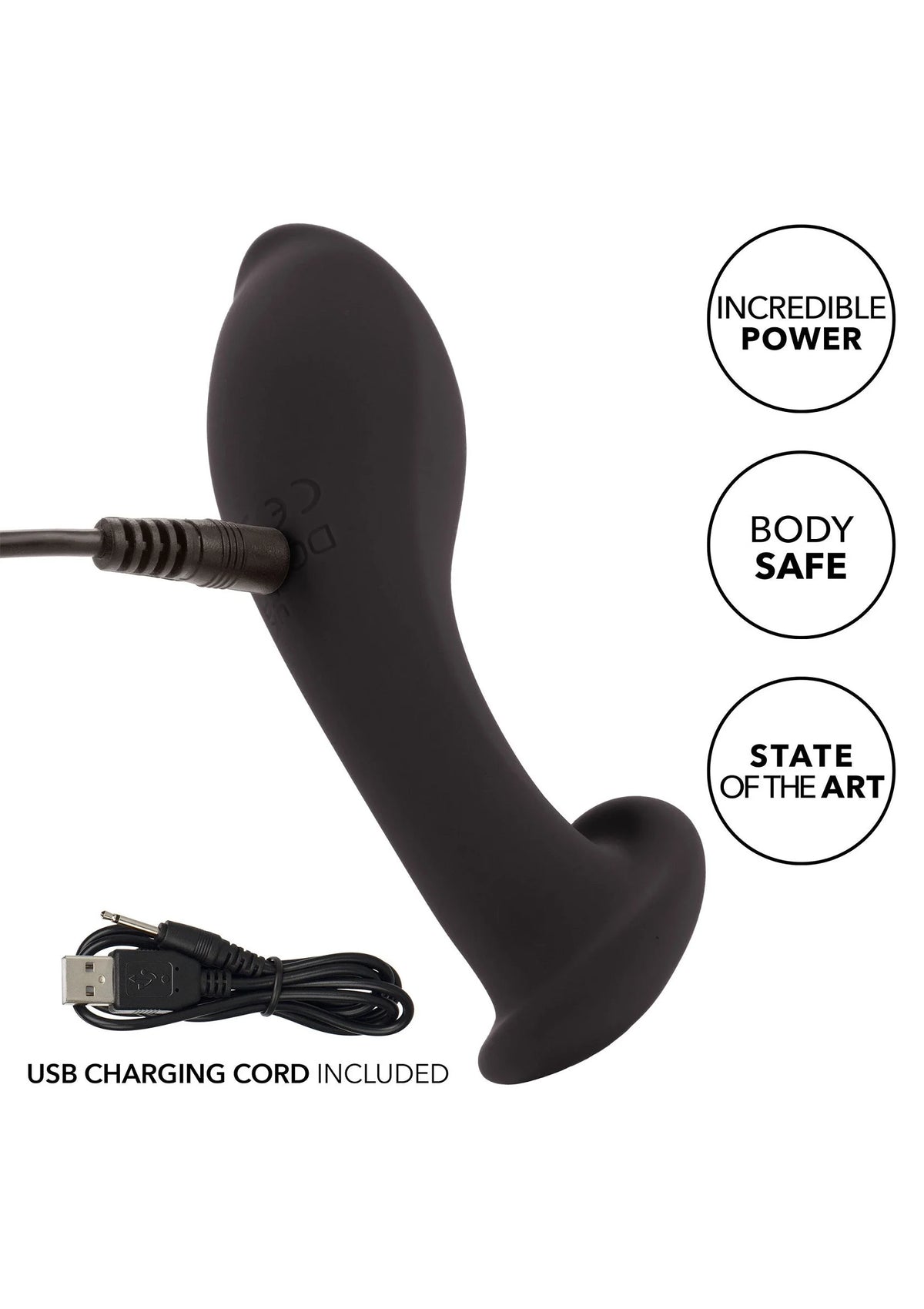 Zwarte siliconen probe-vibrator met USB-oplaadkabel en ronde voet