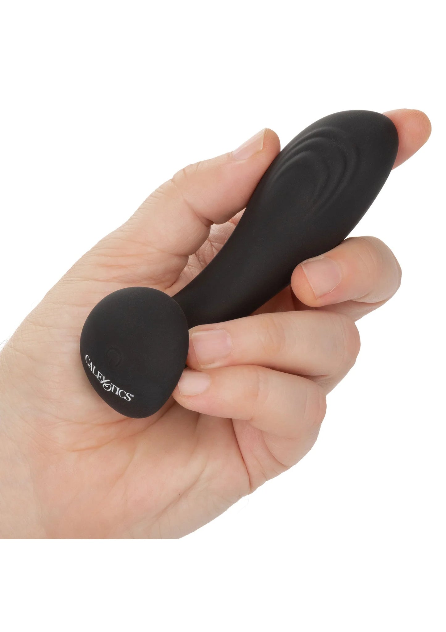 Zwarte silikonen probe vibrator vastgehouden in hand, met ronde platte basis.