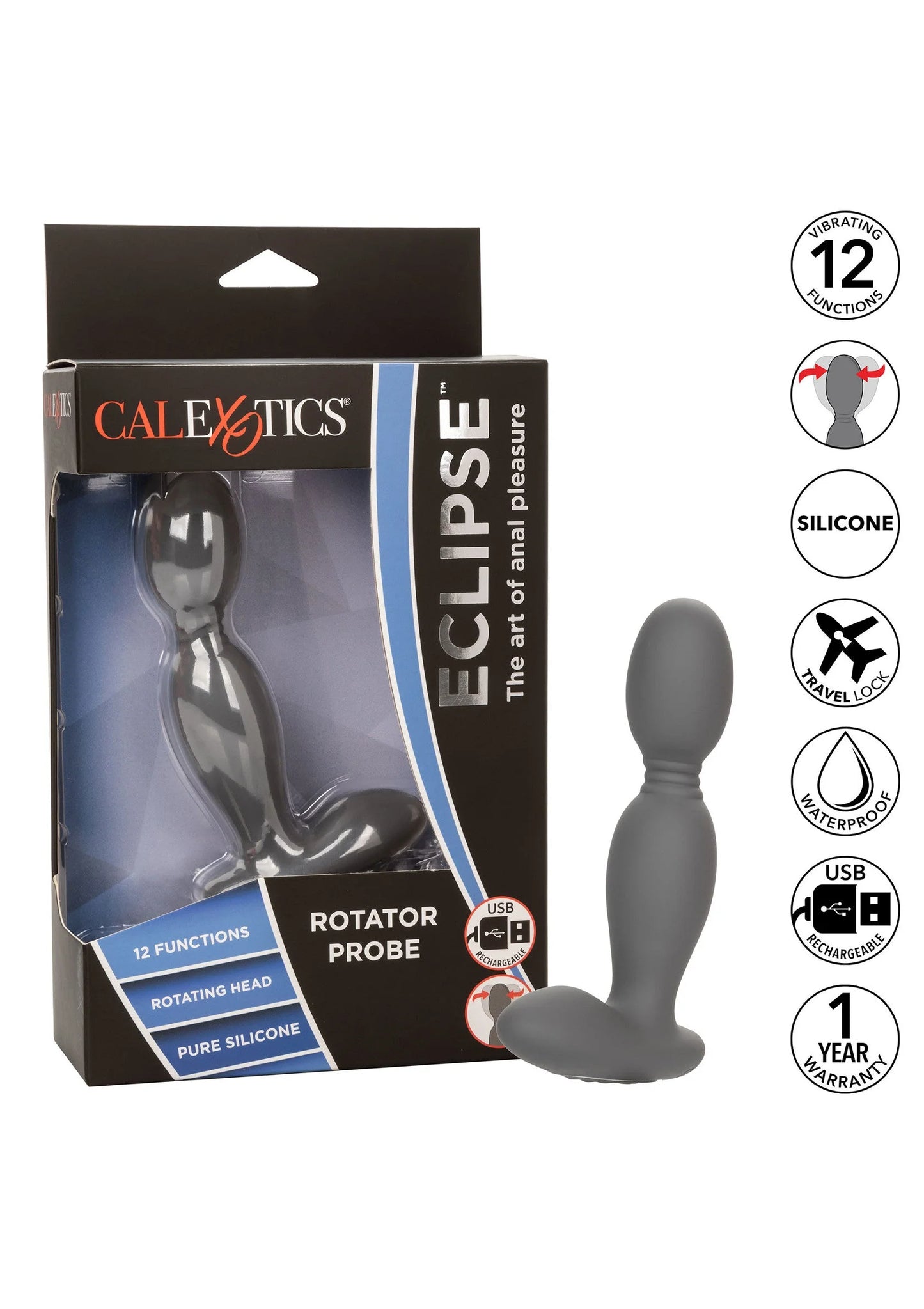 CALEXOTICS Eclipse rotator probe doos met kenmerken en grijze vibrator