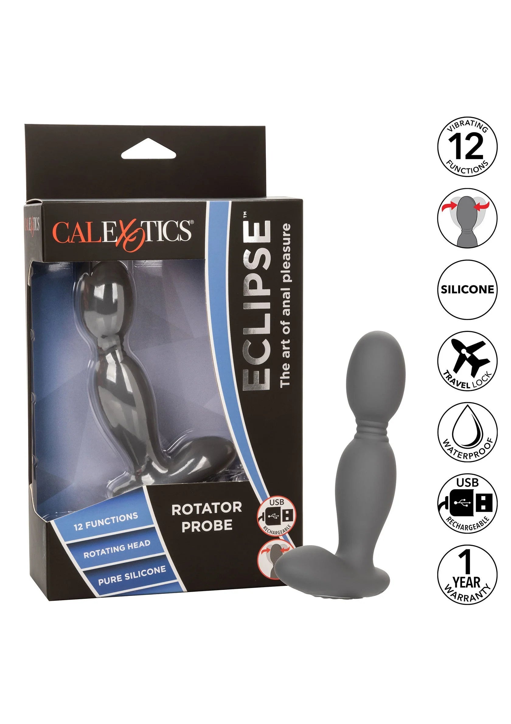 CALEXOTICS Eclipse rotator probe doos met kenmerken en grijze vibrator