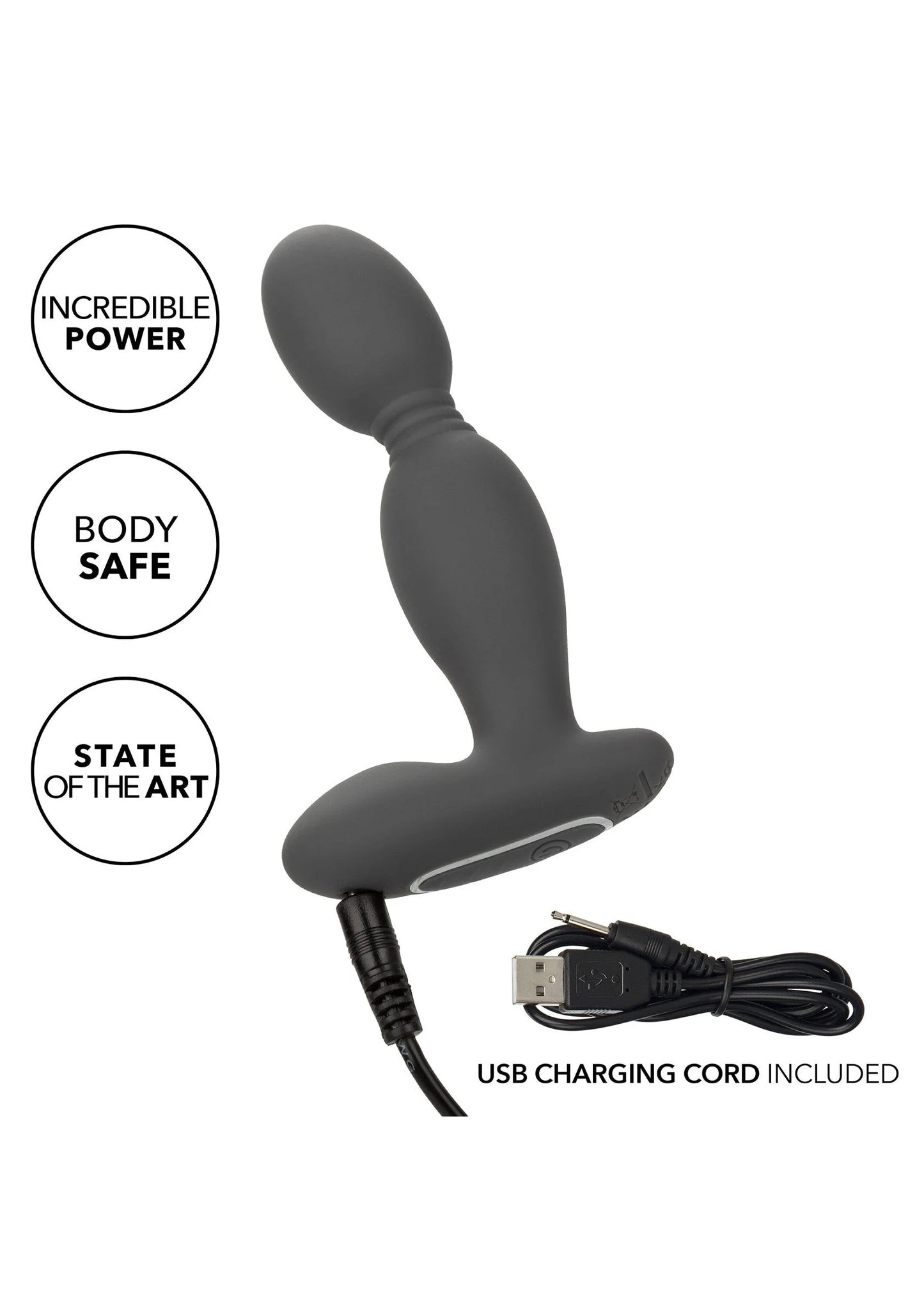 Grijze rotator probe vibrator met ovale top en USB-oplaadkabel