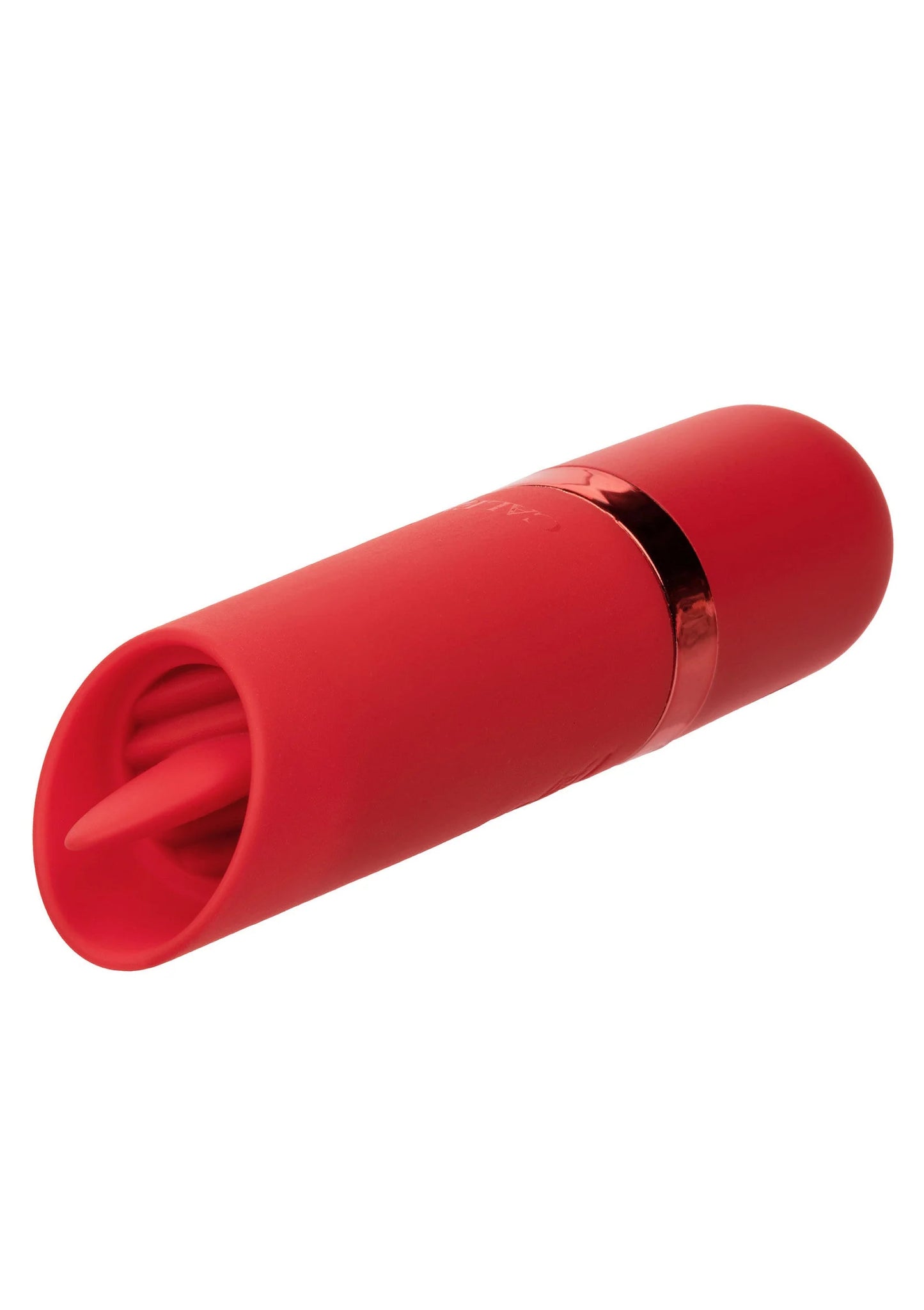 Rode siliconen lippenstift-vibrator, close-up van ronde openingen aan de kop.