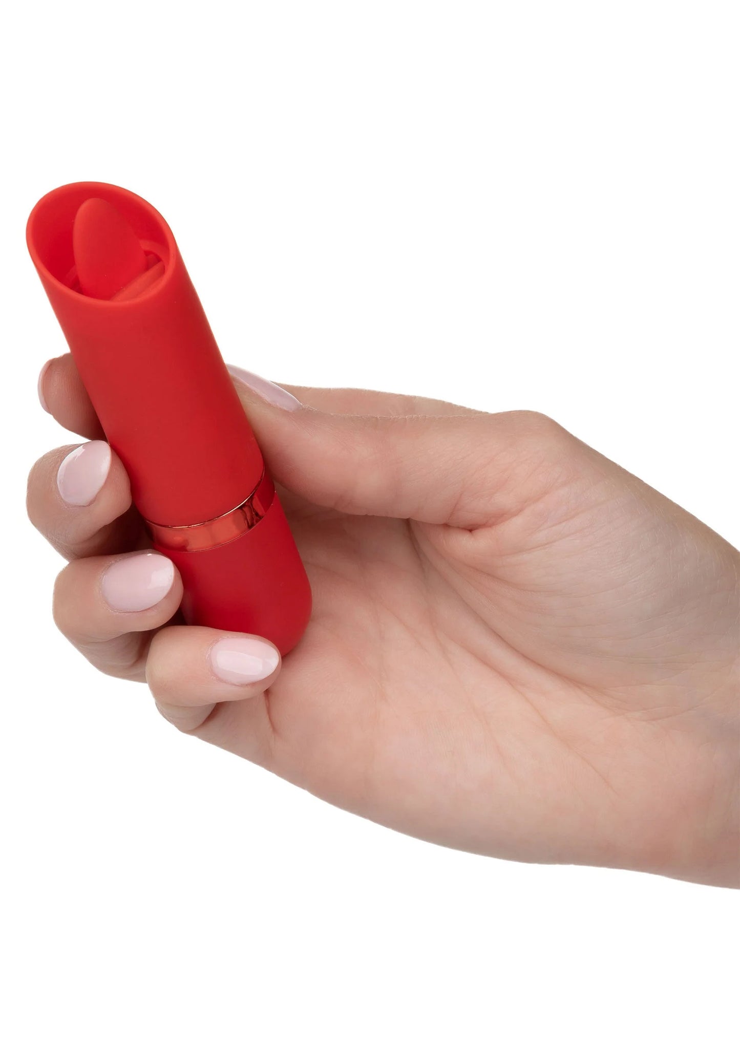 Rode lipstick-vibrator in handgreep, met open bovenkant