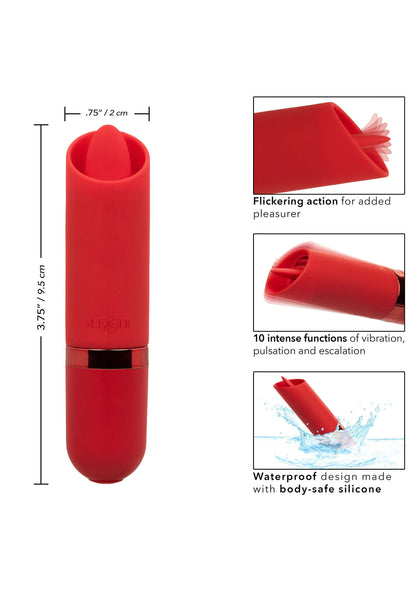 Rode lipstick-vibrator van siliconen met zwarte onderknop en schuine kopopening.