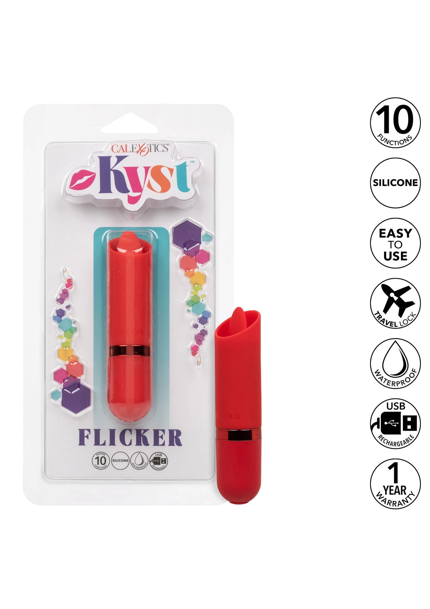 CalExotics Kyst Flicker mini vibrator verpakking met rode siliconen body en label.