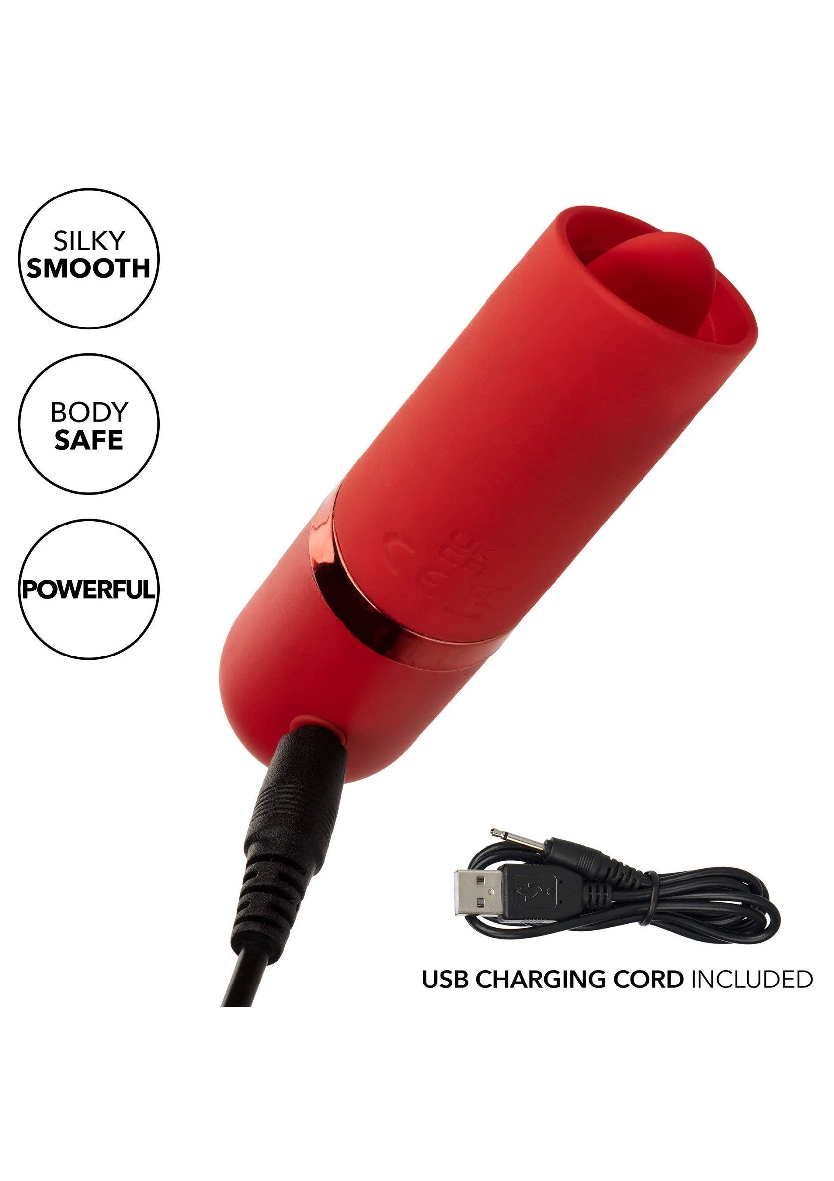 Rode lippenstift-vibrator met USB-oplaadkabel, staafvormige siliconen behuizing.