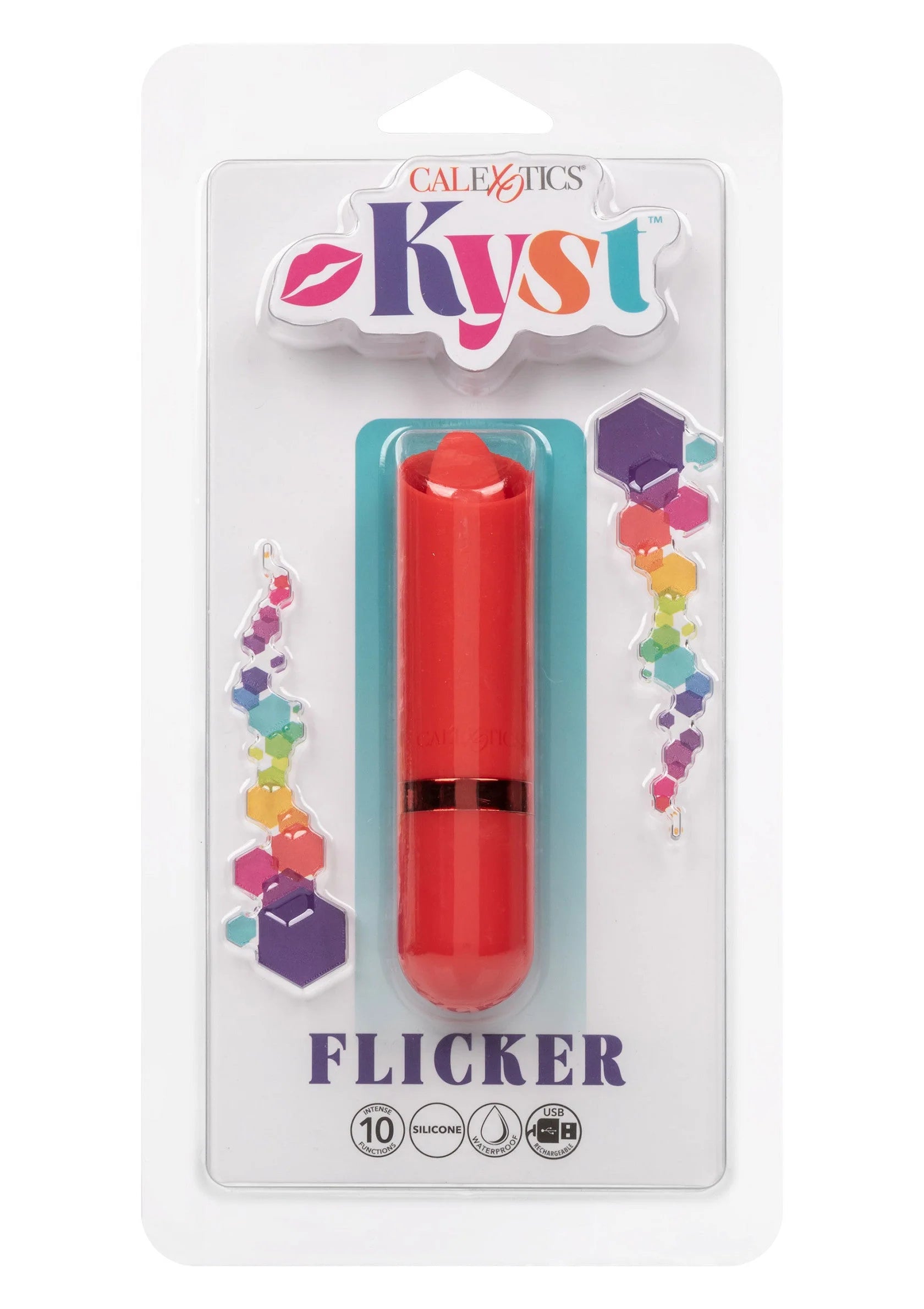 CalExotics Kyst Flicker vibrator in blister, rode siliconen staaf met beschermhoes.