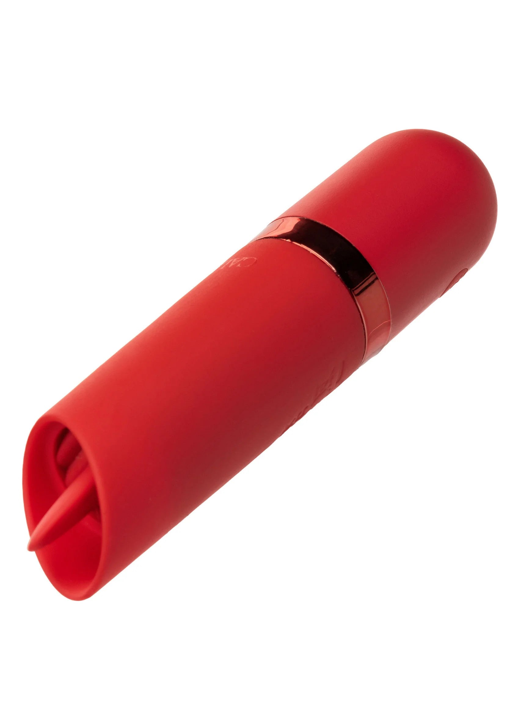 Rode lipstick-vibrator close-up, open uiteinde en zwarte naad