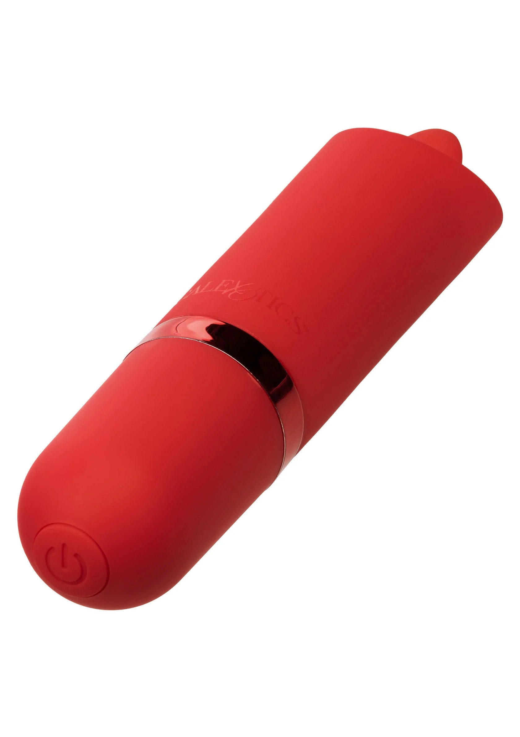 Rode lippenstift-vibrator van siliconen met zwarte aandrijfband en ronde knop.