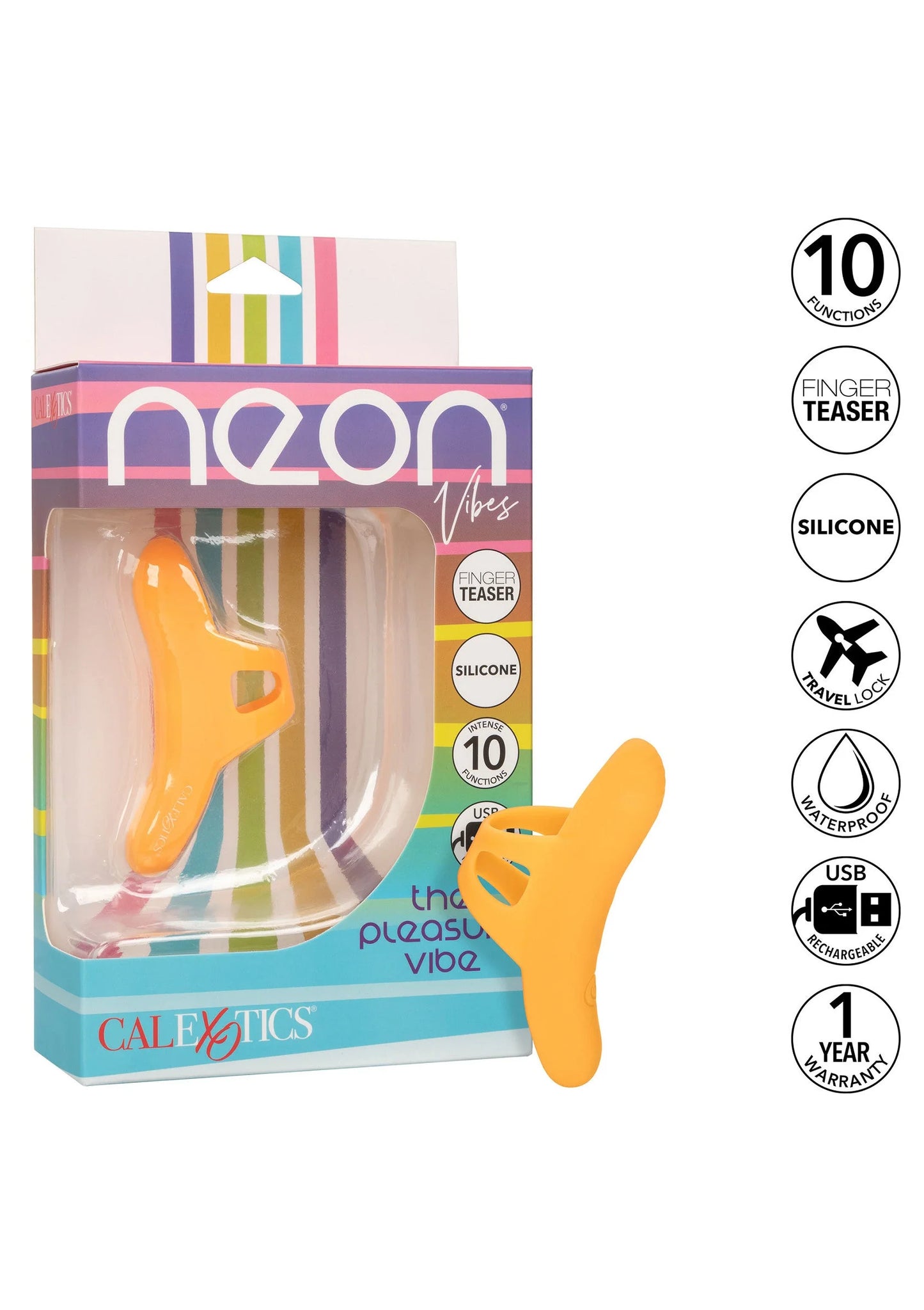 CalExotics Neon Vibes verpakking van The Pleasure Vibe vingertaser, silicone en USB
