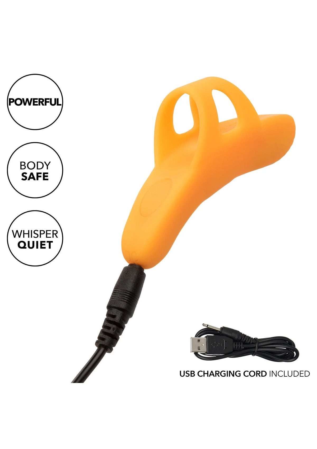 Oranje siliconen vibrator met USB-oplaadsnoer; body-safe en whisper-quiet stickers.