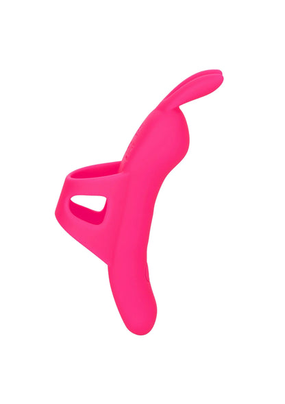 Roze siliconen vibrator in zijaanzicht met handgreep en oorachtige uiteinden