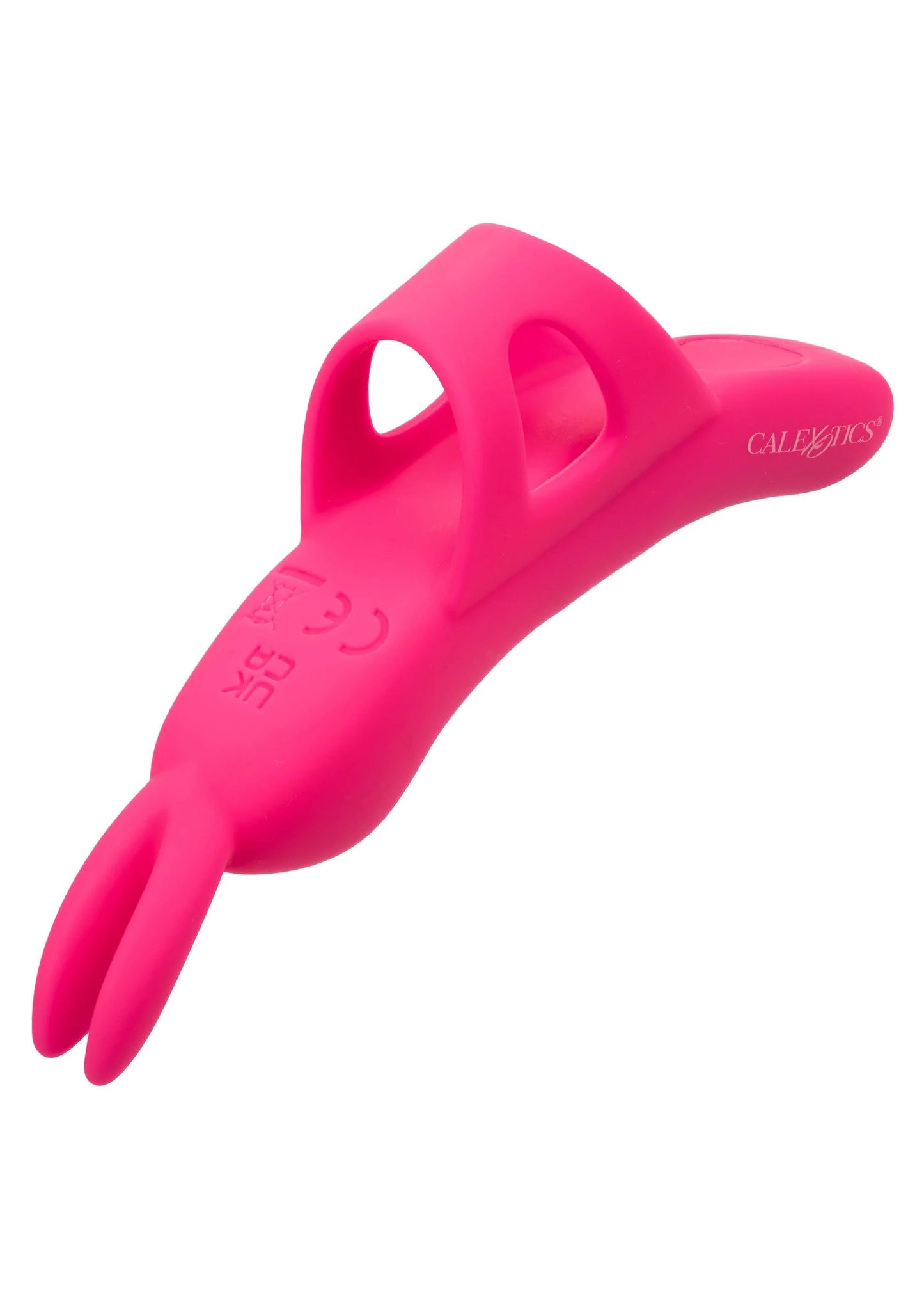 Roze siliconen vibrator schuin van boven, smallere uiteinden en logo op handgreep