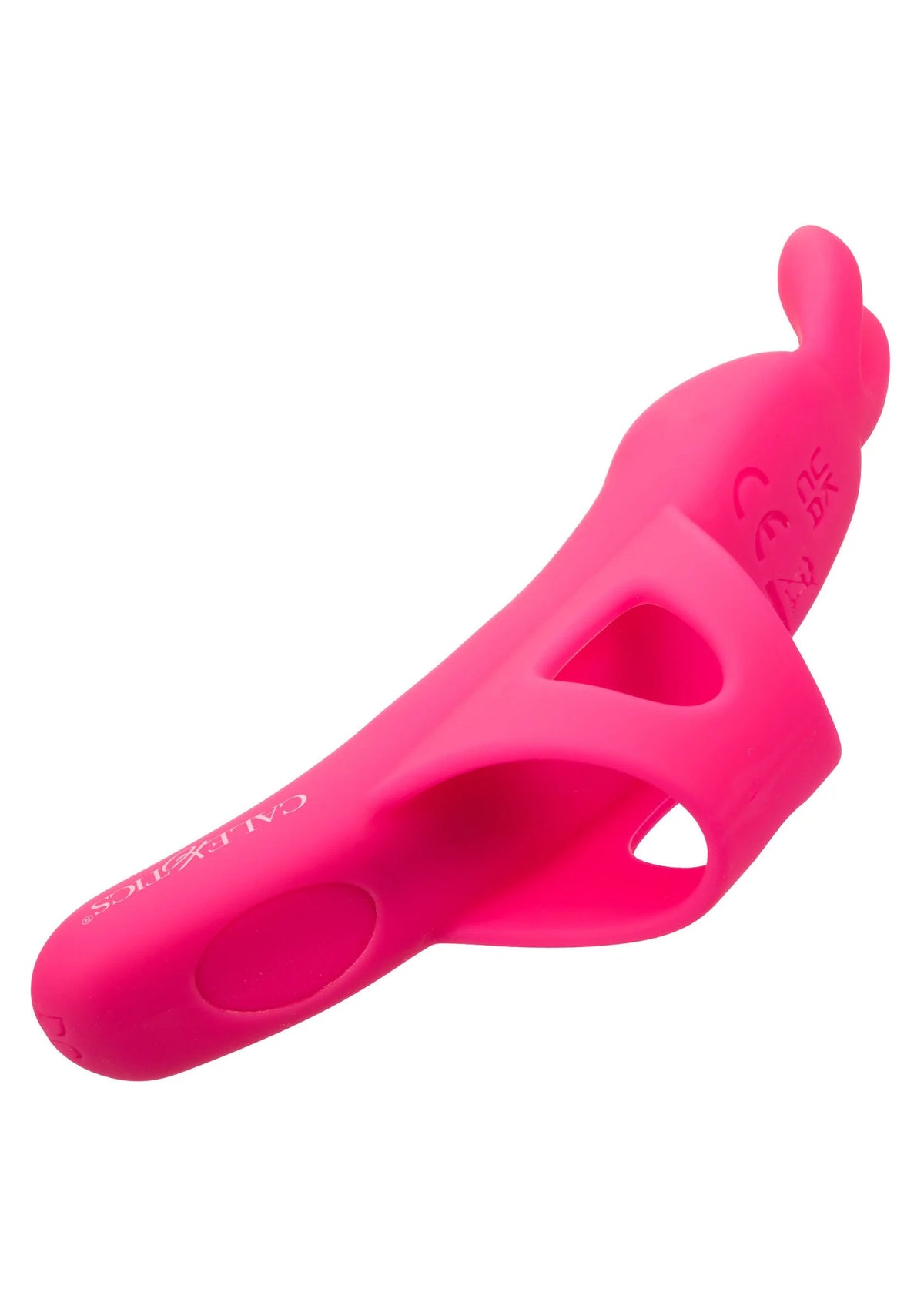 Roze siliconen vibrator close-up van onderkant met twee ovale openingen