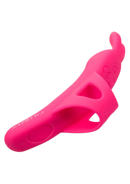 Roze siliconen vibrator close-up van onderkant met twee ovale openingen