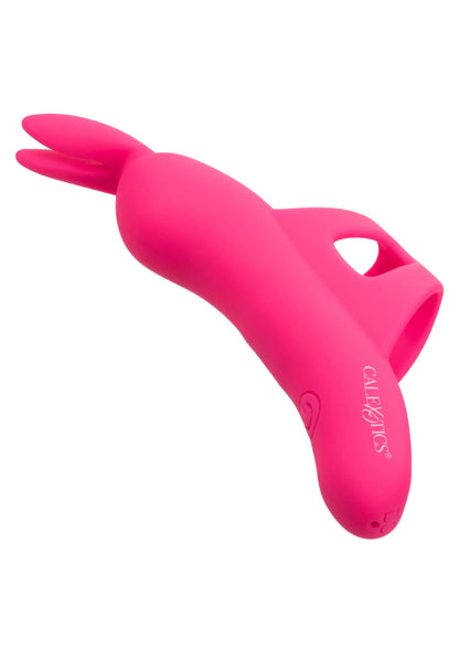 Roze gebogen seksspeeltje met ronde neus en opening, met CalExotics-logo