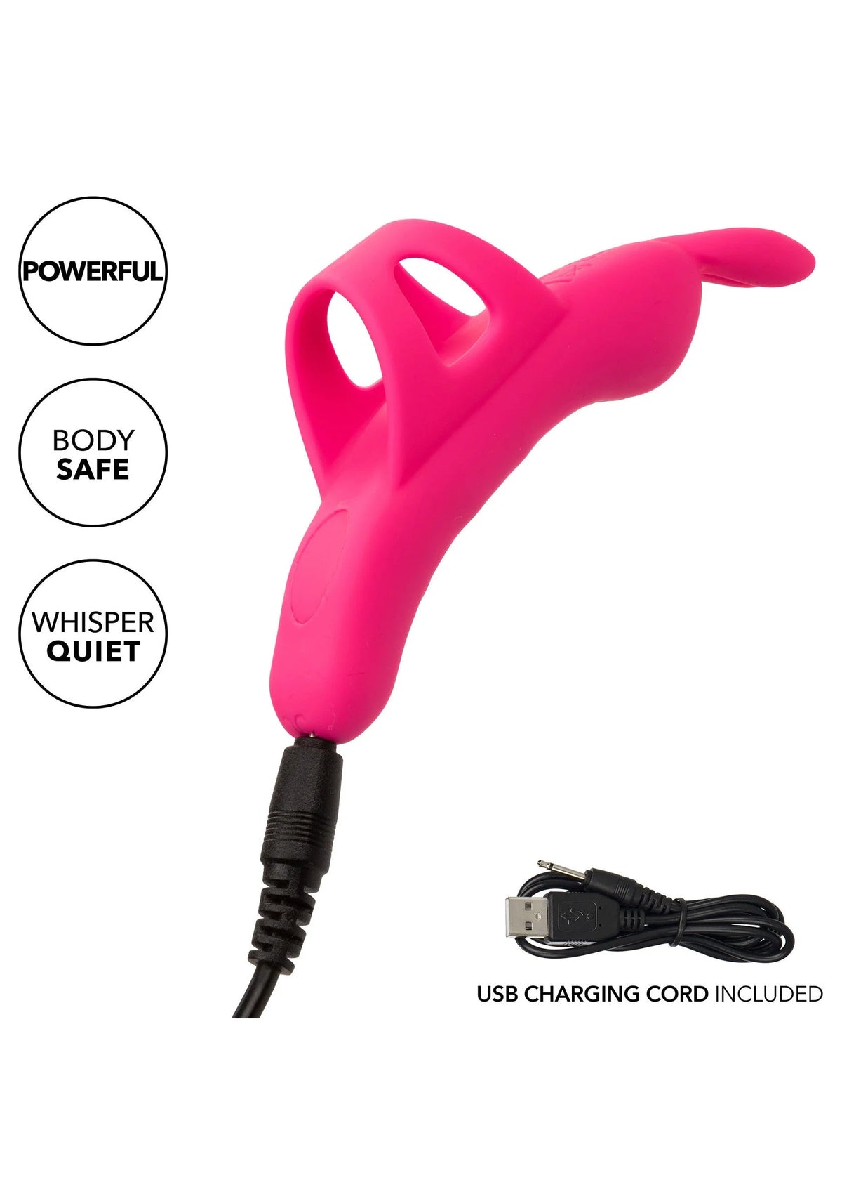 Roze siliconen vibrator met geprononceerde vorm en USB-aansluitkabel