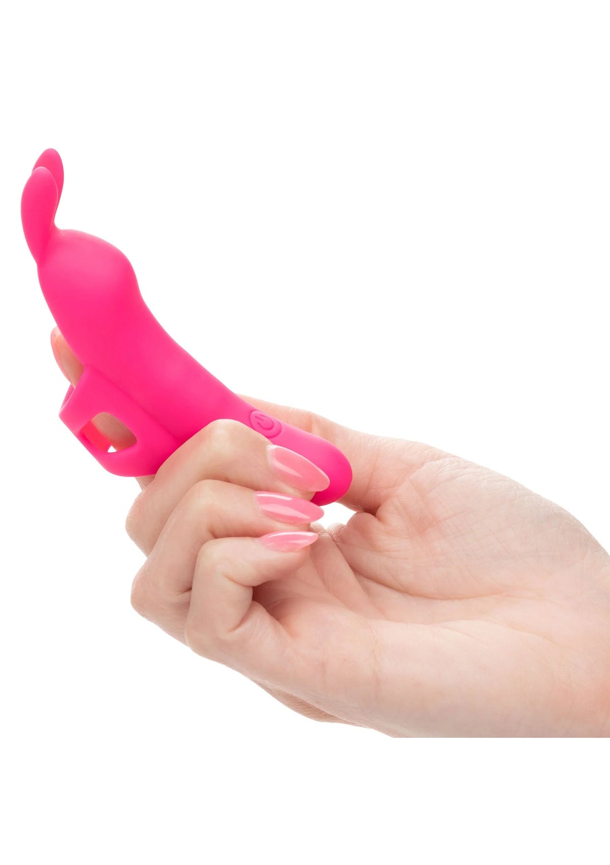 Roze siliconen vibrator vastgehouden met hand, openingen aan de zijkant