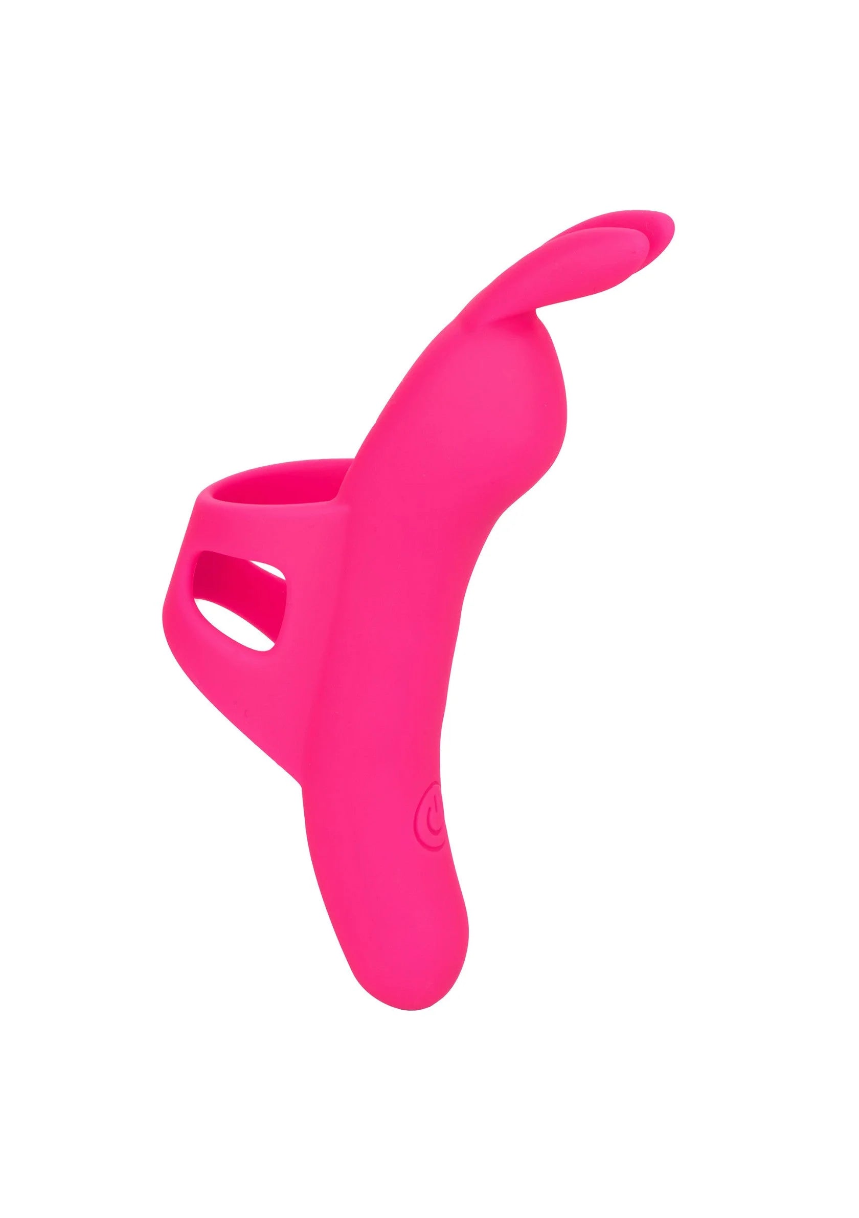 Roze siliconen vibrator vooraanzicht met geperforeerde opening en gebogen kop