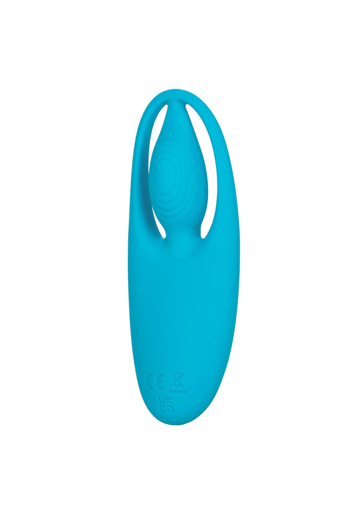 Teal vibrerend seksspeeltje, zijaanzicht met ovale opening in de vorm.