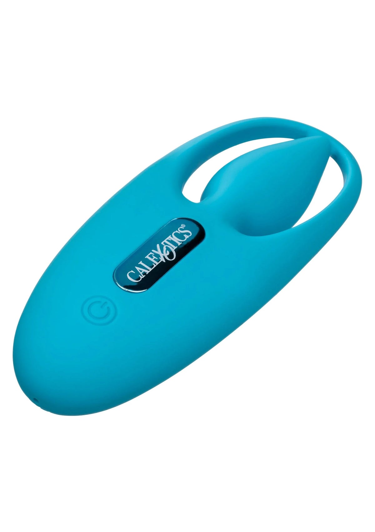 Turquoise CalExotics vibrator met open lus en zwart merklabel op het lichaam