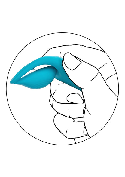 Teal vibrerend seksspeeltje met ovale opening, close-up in ronde illustratie.